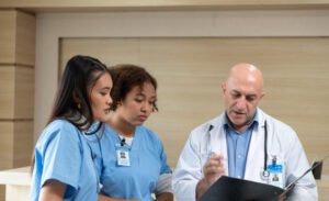 medical professor gives advice patient examinations medical students practicing