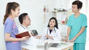 medical team discussing clinic