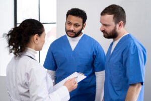 medium shot nurses discussing with doctor