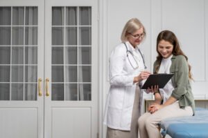 medium shot smiley doctor patient chatting 1