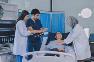 team doctors nurses are working treat female patient patients room